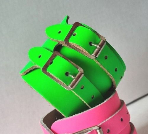 Leather Two Strap Wrist Band Brace Support - Gym Weight Lifting Wrap - Various Colours (Fluorescent Green)